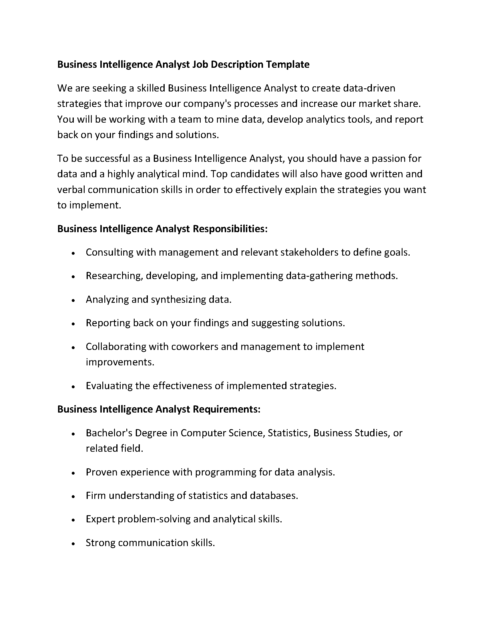 Business Intelligence Analyst Job Description Template